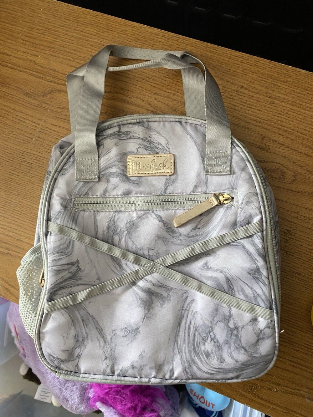 Fit + Fresh Gray Marble Carli Insulated Lunch Bag Tote Mesh Pocket 11"